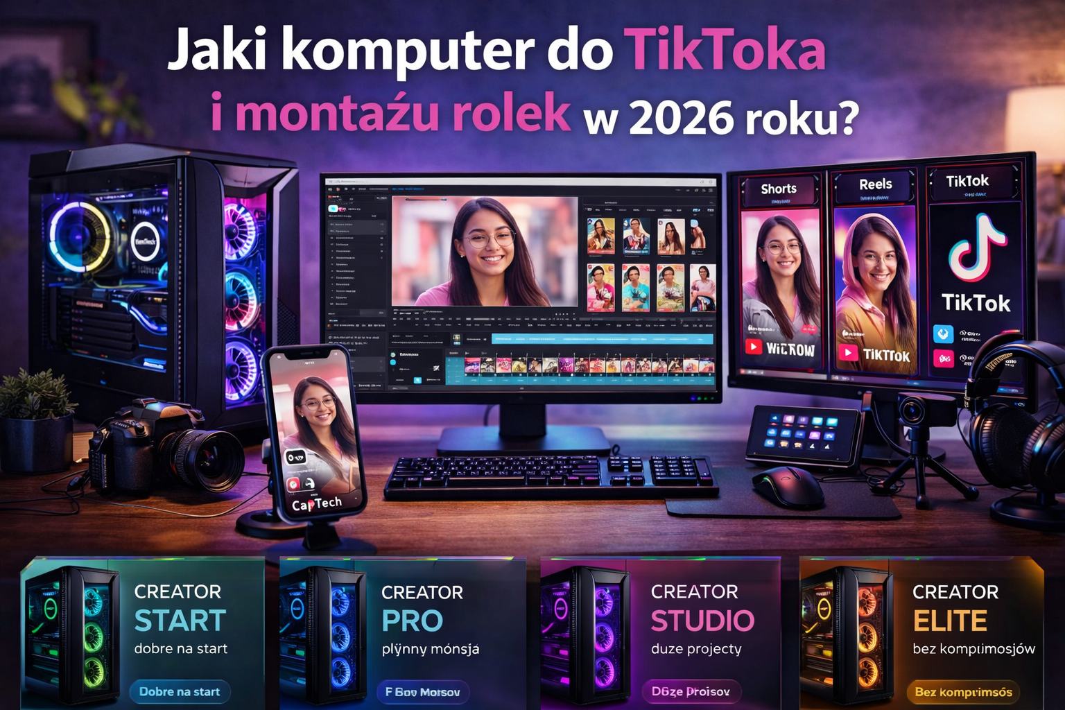 Komputer do TikToka 2026 – stanowisko do montażu rolek z PC RGB, monitorami z edycją wideo, smartfonem z aplikacją TikTok oraz sprzętem do nagrywania i tworzenia shortów