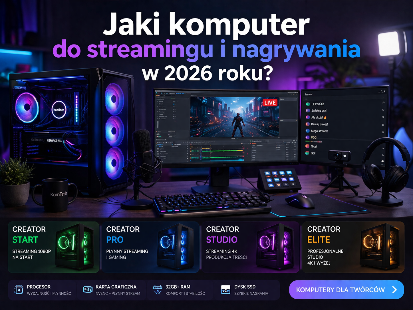 Stanowisko do streamingu 2026 – komputer gamingowy z RGB, dwa monitory z OBS i statystykami transmisji, mikrofon, kamera i sprzęt do nagrywania w profesjonalnym setupie streamer’a