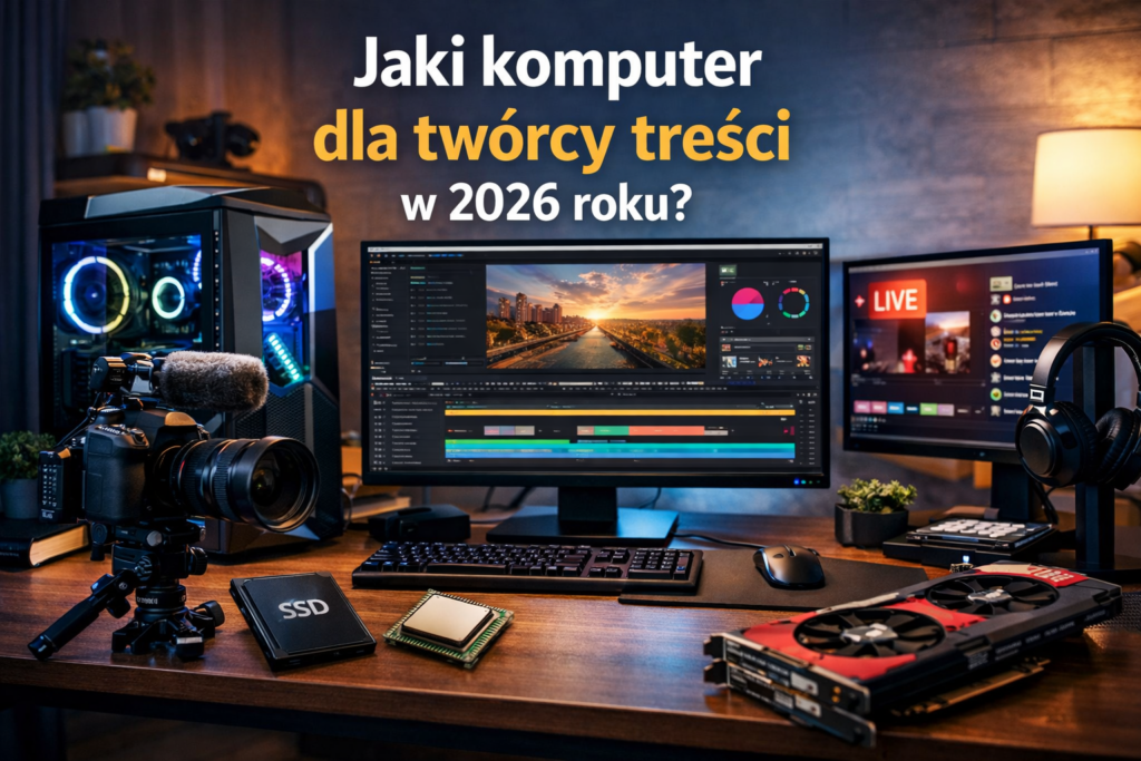 Komputer dla twórcy treści 2026 – stanowisko do montażu wideo i streamingu z wydajnym PC, monitorem z edycją wideo oraz sprzętem fotograficznym i komponentami komputerowymi na biurku