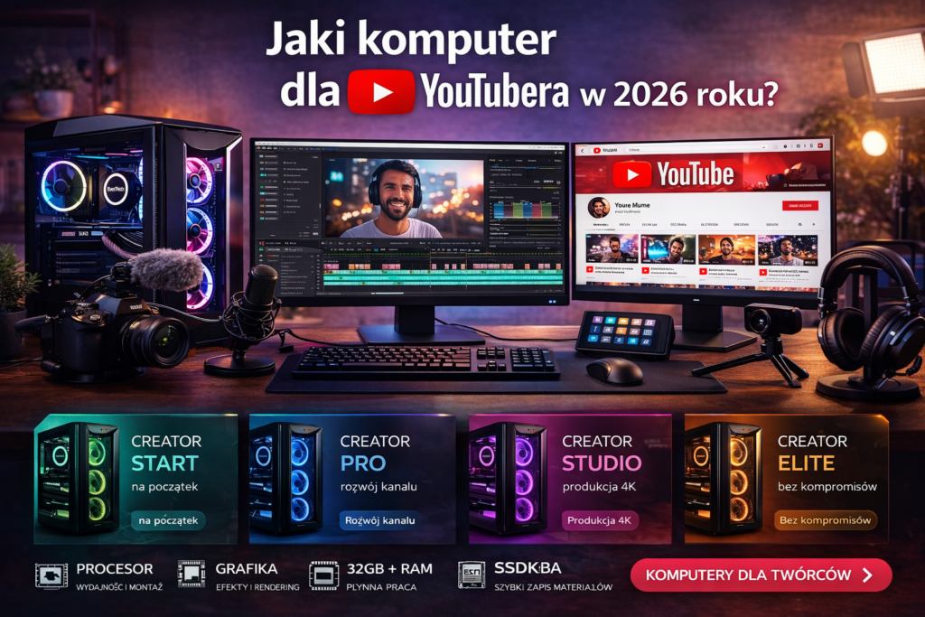 Komputer dla YouTubera 2026 – stanowisko do nagrywania i montażu wideo z PC RGB, dwoma monitorami z edycją filmu, mikrofonem, kamerą oraz podglądem kanału YouTube