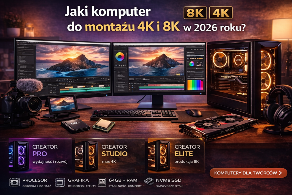 Komputer do montażu 4K i 8K 2026 – profesjonalne stanowisko do edycji wideo z wydajnym PC RGB, dwoma monitorami z timeline montażu, kamerą oraz komponentami komputerowymi do pracy na dużych projektach