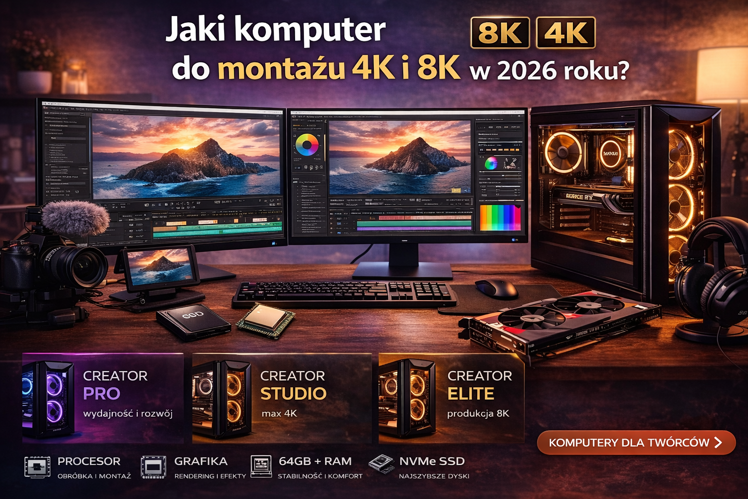 Komputer do montażu 4K i 8K 2026 – profesjonalne stanowisko do edycji wideo z wydajnym PC RGB, dwoma monitorami z timeline montażu, kamerą oraz komponentami komputerowymi do pracy na dużych projektach
