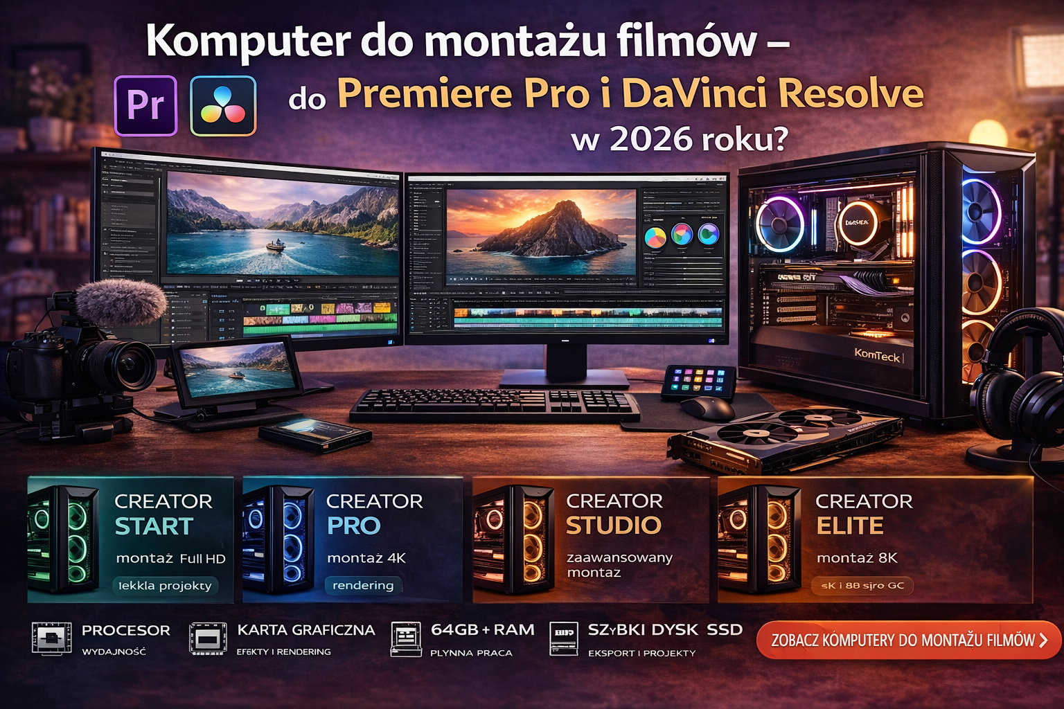 Komputer do montażu filmów 2026 – stanowisko do pracy w Premiere Pro i DaVinci Resolve z wydajnym PC RGB, dwoma monitorami z edycją wideo, kamerą, mikrofonem i sprzętem dla twórców