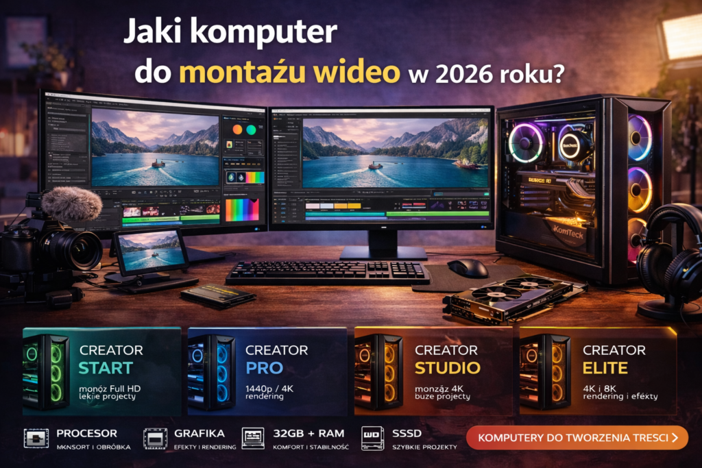 Komputer do montażu wideo 2026 – stanowisko do edycji filmów z wydajnym PC RGB, dwoma monitorami z timeline montażu, kamerą, mikrofonem i sprzętem dla twórców treści