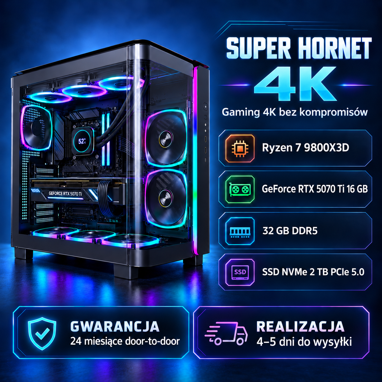 SUPER HORNET 4K – Ryzen 7 9800X3D, GeForce RTX 5070Ti 16 GB, 32 GB DDR5 i SSD NVMe 2 TB PCIe 5.0